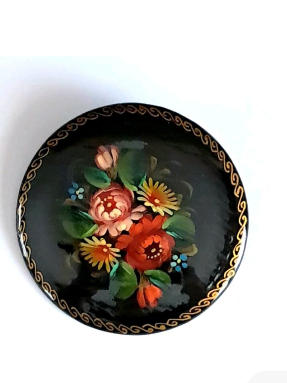 Vintage Russian Folk Art Brooch Black Lacquer Floral Pin Artist Signed